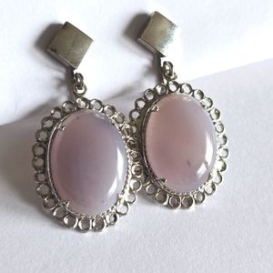 Vintage earrings clip on Grey -pink lavender color stone cabochon